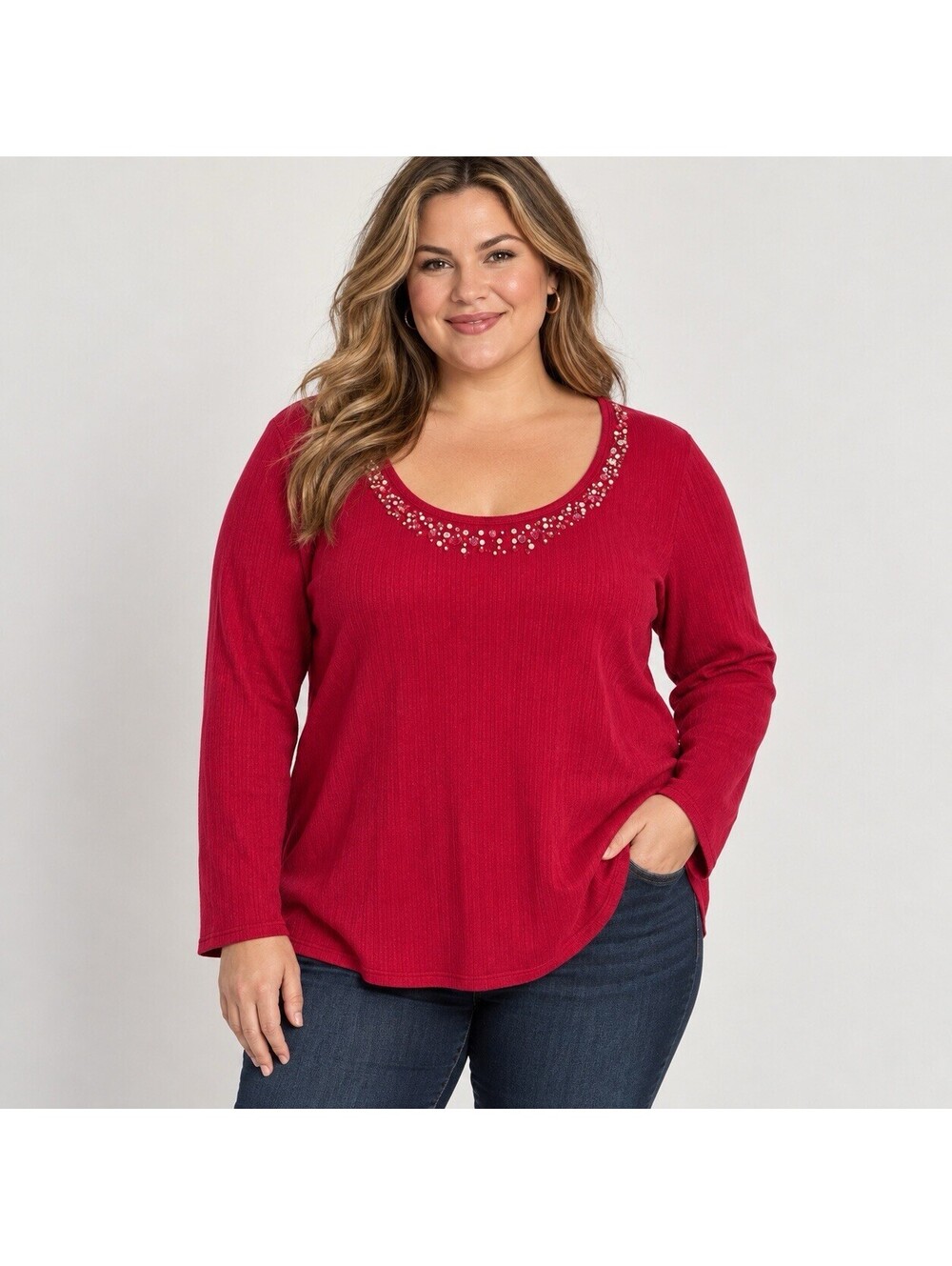 Liz & Co Woman 1X Raspberry Red Beaded Embellished Cotton Top Y2K Long Sleeve